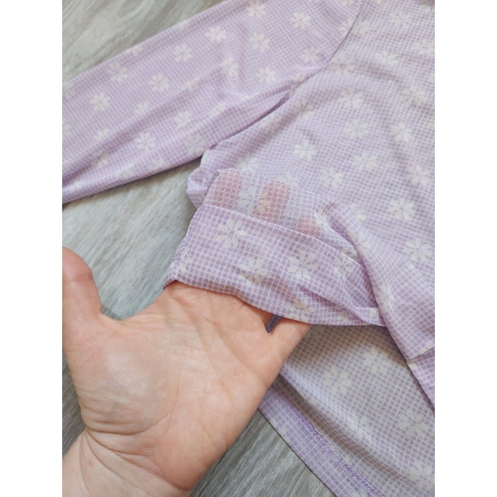 Ginger Mesh Crop Top Front Knot Purple Check Floral Long Sleeve Crewneck L EUC - Picture 3 of 9